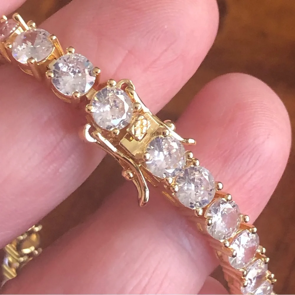 Men’s 5mm round cubic zirconia 14k gold plated setting bracelet 8”